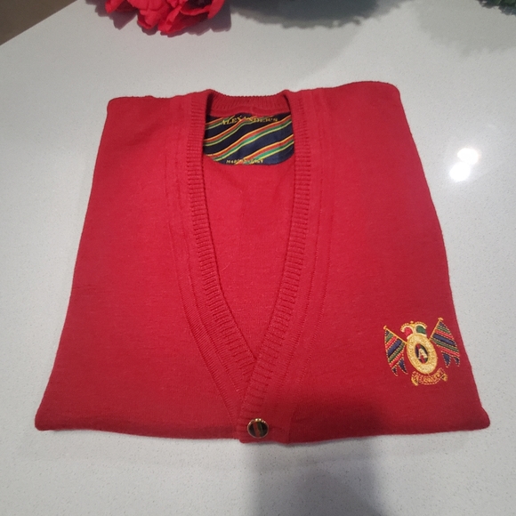 ALEXANDER'S VINTAGE RARE Cardigan en laine rouge uni avec logo tissé fils doré - Picture 9 of 9